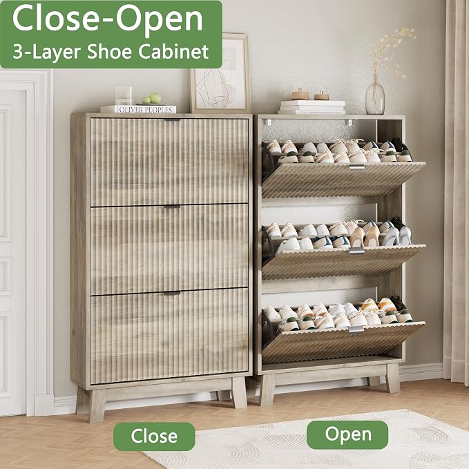 Xixini Shoe Cabinet with 3 Flip Drawers, 54" Tall Narrow Fluted Shoe Storage Organizer for Entryway, Hidden Slim Wooden Shoe Rack Cabinet for Front Door Entrance, Hallway, Living Room, Light Grey