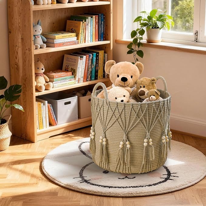 Blanket Basket for Living Room Decor Storage Basket for Toy Organizer Boho Decor Baskets for Modern Farmhouse Decor Small Laundry Basket for Bedroom and Laundry Room Organization,Natural