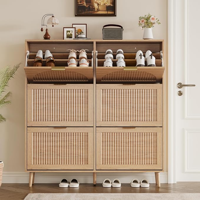 BORNOON Shoe Cabinet for Entryway with 6 Flip Drawers, Slim Wooden Shoe Storage Organizer with Modern Fluted Pannel，Freestanding Narrow Hidden Shoe Rack for Hallway, Foyer, Living Room