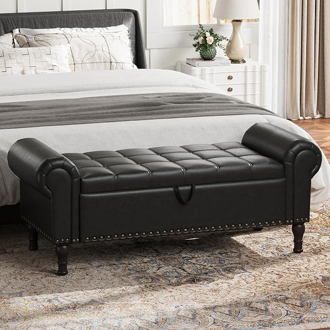 YOUDENOVA 51” Ottoman with Storage, Upholstered Storage Ottoman Bench with Rolled Arms, PU Leather Storage Bench for Bedroom, Living Room, Entryway, Black