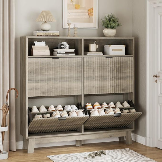 Xixini Shoe Cabinet with 4 Flip Drawers, 46" Tall Narrow Fluted Shoe Storage Organizer for Entryway, Hidden Slim Wooden Shoe Rack Cabinet for Front Door Entrance, Hallway, Living Room, Light Grey