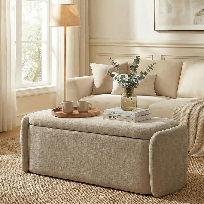 VKNOW Storage Bench, Upholstered Storage Ottoman Bench with Hinge, Khaki | Ottoman Bench with Large Capacity, Curved Frame, Soft Fabric, Storage Bench for Bedroom, Living Room, Entryway, Window