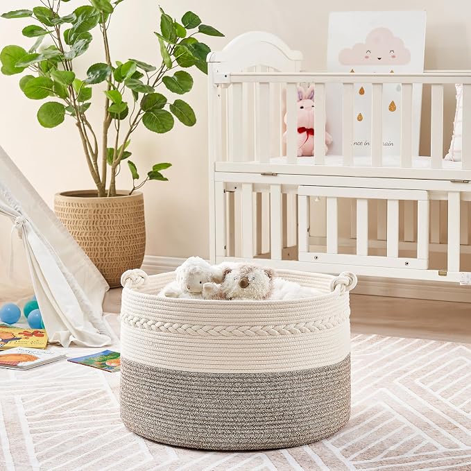 KAKAMAY Large Blanket Basket (20"x13"),Woven Baskets for storage Baby Laundry Hamper, Cotton Rope Blanket Basket for Living Room, Laundry, Nursery, Pillows, Baby Toy chest (White/Beige) | Extra Large Capacity | Natural Cotton Rope | Blanket Storage | W...