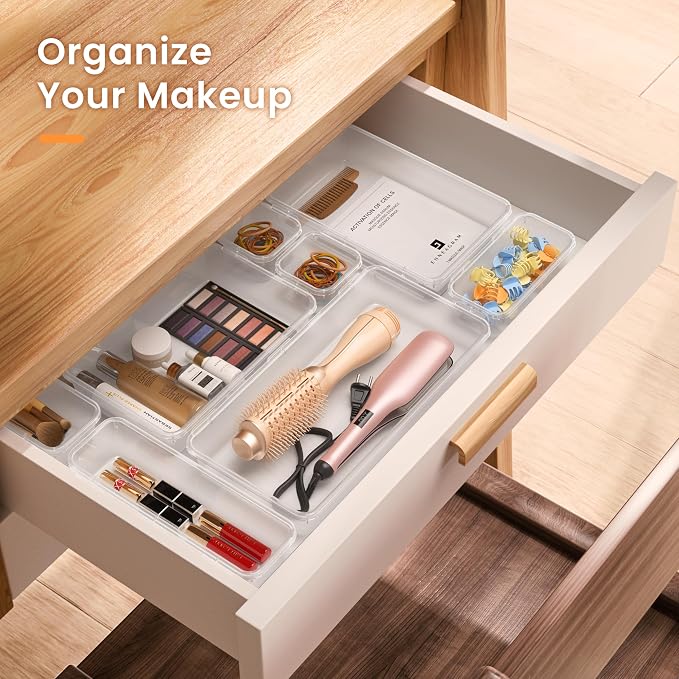 A-LuGei 【46PCS & 5Sizes Clear Drawer Organizer,【Hold 277 Items】 Makeup Organizer, Bathroom Organizers and Storage, Organization and Storage, Organizer Bins for Office Vanity Kitchen Tool Trays