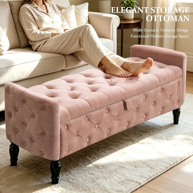 Royal Windsor 48" Ottoman with Storage,Tufted Storage Bench with Safety Hinge,Holds up to 350 lb,Black Wood Legs,Upholstered Bench with Arms for Bedroom,Living Room,Entryway,Linen Pink