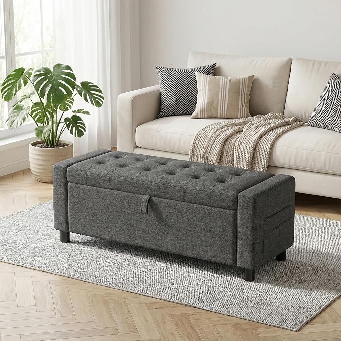 Amada 46" Ottoman with Storage, Side Pocket, Safety Hinge, Dark Gray | 30 gallon (112 liter) hidden storage, holds 400 lbs, 0.35" thicker wood panels, 3.14" thick foam, for end of bed, living room