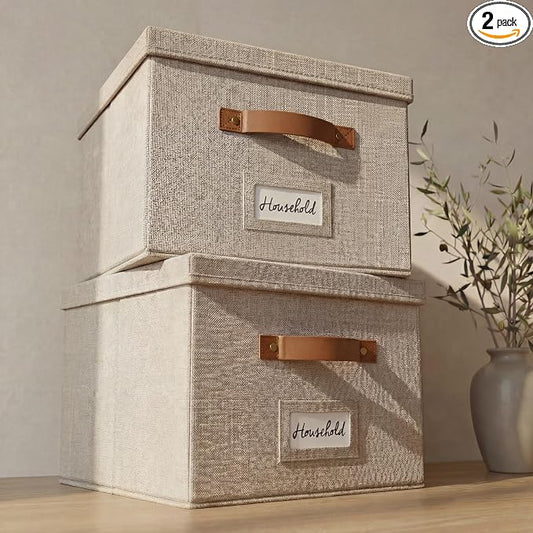 Decorative File Organizer Box Set of 2 - Collapsible Linen Filing Cabinets | Stores Documents and Hanging File Folders - Portable Office Crates with Lid and Handles for Easy Slide Access