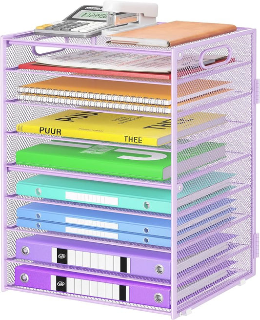 Cawukege 9 Tier Paper Organizer with Handle, Purple Large Capacity Desk Organizer Mesh File Folder Letter Paper Tray Desktop Document Sorter for Classroom, School, and Office Accessories Organization