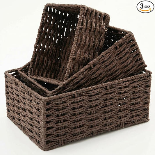 Small Wicker Basket for Organizing, Woven Storage Basket Set of 3 - Handwoven Natural Paper Rope Baskets to Declutter Any Room, Perfect for Organizing and Home Decor (Coffee)