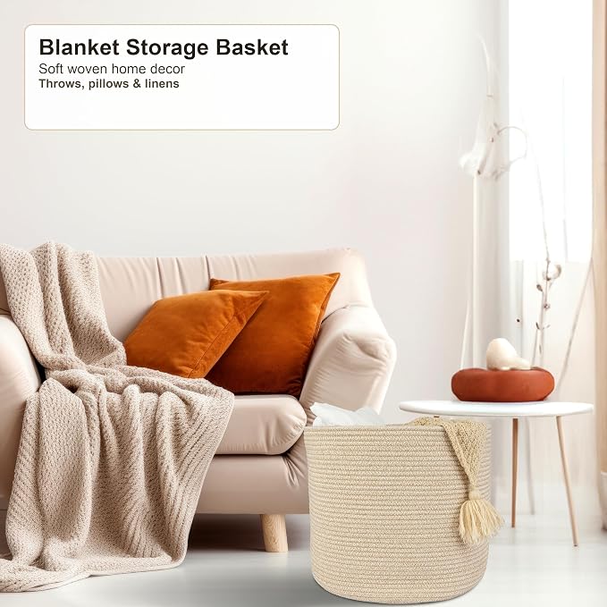 XUANGUO Cotton Rope Basket For Girls Boys Kids 16”X14” | Baby Laundry Baskets, Blanket Basket, Nursery Bin; Round Woven Basket Organizer for Toy Storage, Blankets, Shoes and Clothes