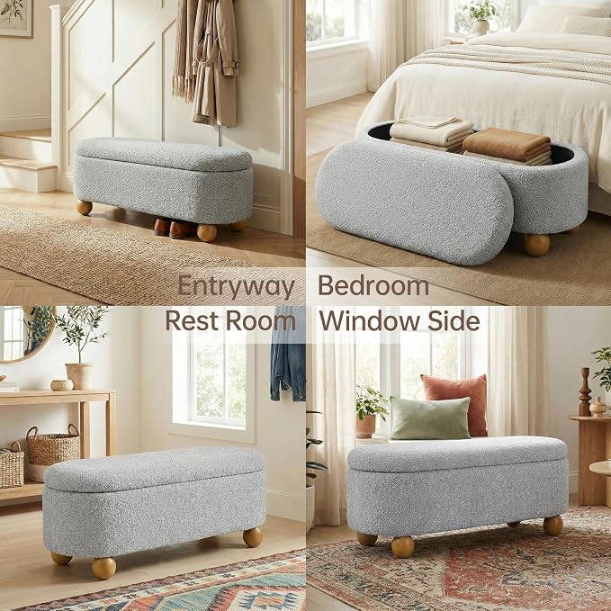 VKNOW 44.8" Storage Ottoman Bench End of Bed Bench for Bedroom, Grey | Cute Spherical Solid Wood Stool Legs, Comfortable Fabric, No Assembly, Bedroom Living Room Entryway Dressing Areas
