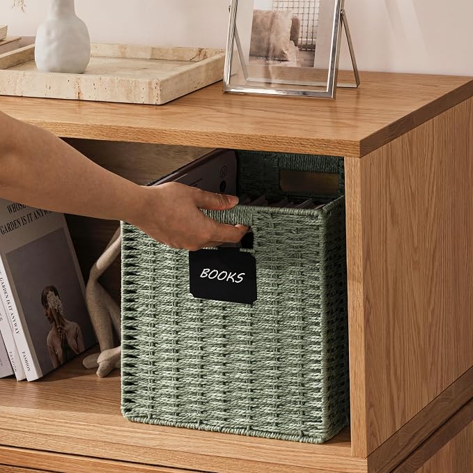 UBBCARE 4 Pack Wicker Basket, 12×12 Storage Cubes with Label, Foldable Cube Storage Bin with Handle, Square Storage Basket for Shelves, Woven Paper Rope Basket for Organizing, Dark Green