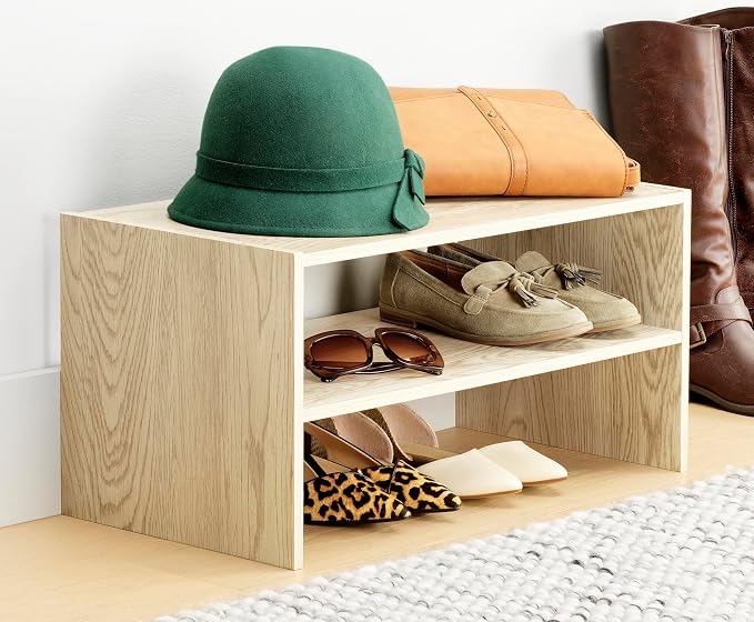 Whitmor Wood Stackable 2-Shelf Shoe Rack, White Oak, 24 inches，2 Pack