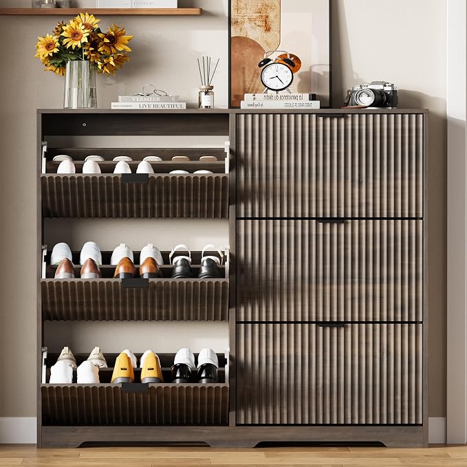 HUANLEGO Shoe Cabinet Storage for Entryway with 6 Flip Drawers, Grey Fluted Shoe Cabinet with Adjustable Shelves, Wooden Hidden Shoe Rack Freestanding Narrow Slim Shoes Storage for Hallway, Entrance