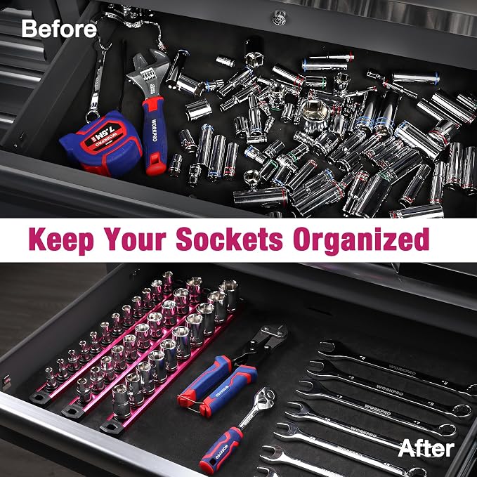 WORKPRO Magnetic Socket Organizer, Heavy Duty 3/8-Inch Drive Socket Rail | 1 Piece Socket Holder with 10 Spots, Aluminum Alloy, Rotatable & Movable Clips, Efficient Organization