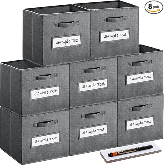 Fabric storage cubes (Set of 8) 11 Inch Cube Storage Bin, cube storage with 8 Labels Window Cards & a Pen, Foldable cube organizer bins, 11x11 storage bin, Cubby Organizer bins, Gray