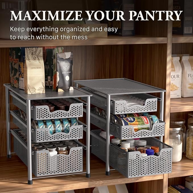 Simple Houseware Stackable 3 Tier Sliding Basket Organizer Drawer, Silver