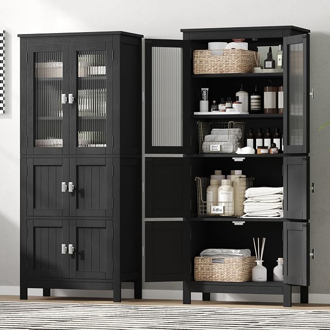 Akxomel 53.1" H Tall Bathroom Storage Cabinet, Bathroom Floor Cabinet with 6 Doors and Adjustable Shlef, Linen Cabinet, Pantry Cabinet for Living Room, Kitchen, Entryway, Black