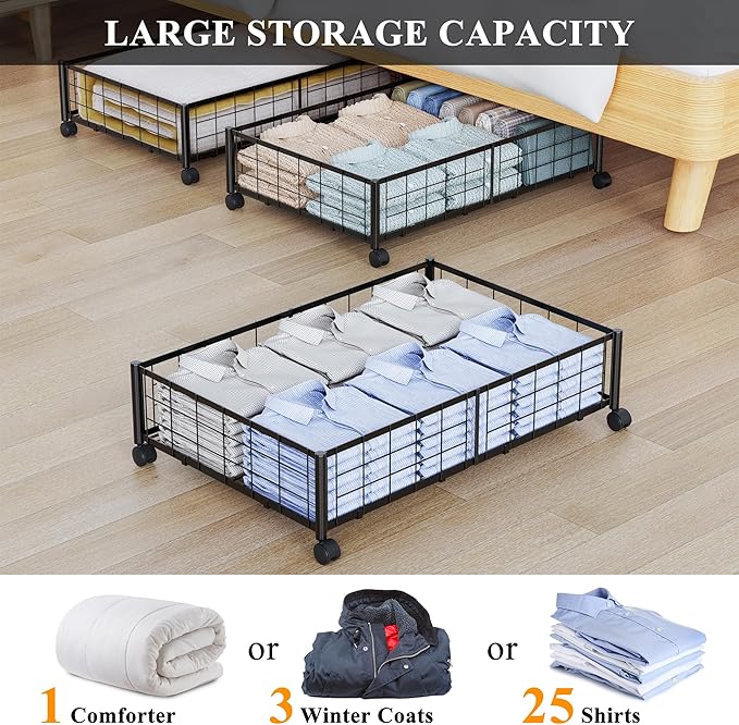 Hleelomi Under Bed Storage with Wheels, 360° Rotating, No-Assembly Underbed Storage Containers, 2PACK