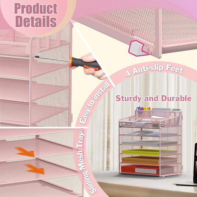 Docnest 6 Tier Mesh Desk Organizer with Letter Tray & Paper Sorter, Pink | Features 3 built-in pen holders & 5 adjustable compartments on top. Includes 4 non-slip rubber feet for desk protection