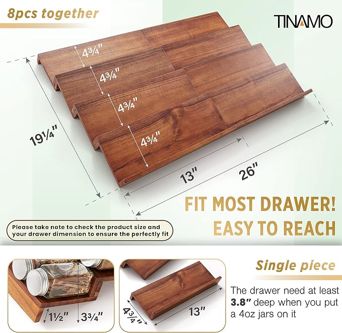 Tinamo Acacia Wooden Spice Rack Organizer for Cabinet - Spice Drawer Insert, Spice Organization for Cabinet, Seasoning Organizer, 4-Tier Spice Jar Rack for Drawer, Spice Holder Pack of 8 (64 Jars) | Acacia Wood Construction, No assembly, Stackable 4-tr...