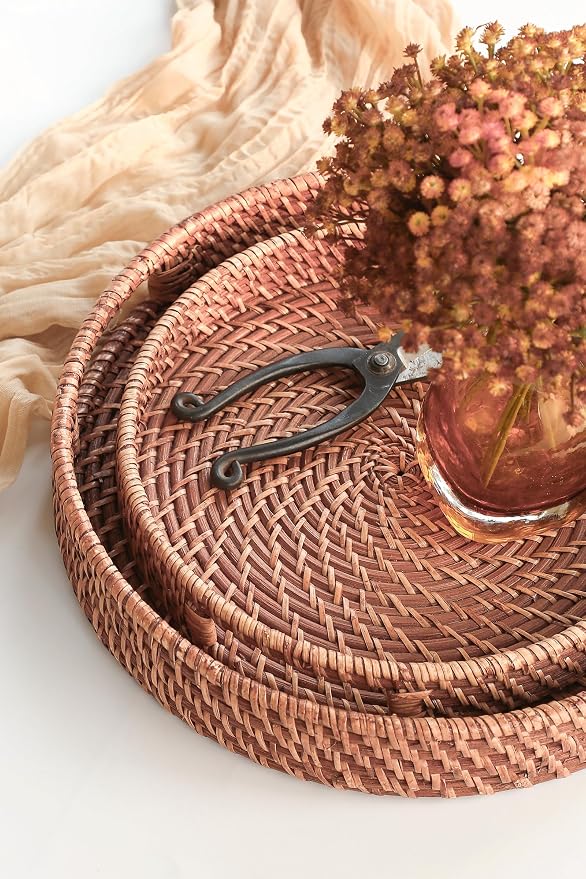 HITOMEN 11.8" Hand-Woven Round Rattan Serving Tray Decorative Wicker Trays with Handles for Coffee Table (Honey Brown-M)