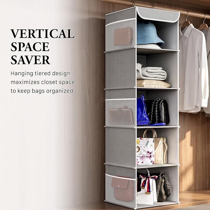 Simple Houseware 5 Shelf Hanging Closet Organizer, Gray | 360° Rotating Dual Hooks, Top Support Metal Frame, 6 Side Mesh Pockets