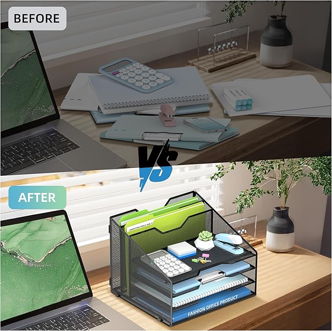 Desk File Organizer with 4 Letter Trays and 2 Vertical File Holders, Black | Metal Mesh Paper Letter Tray Organizer for Documents Folders Mail, Desk Organizers and Accessories for Home Office