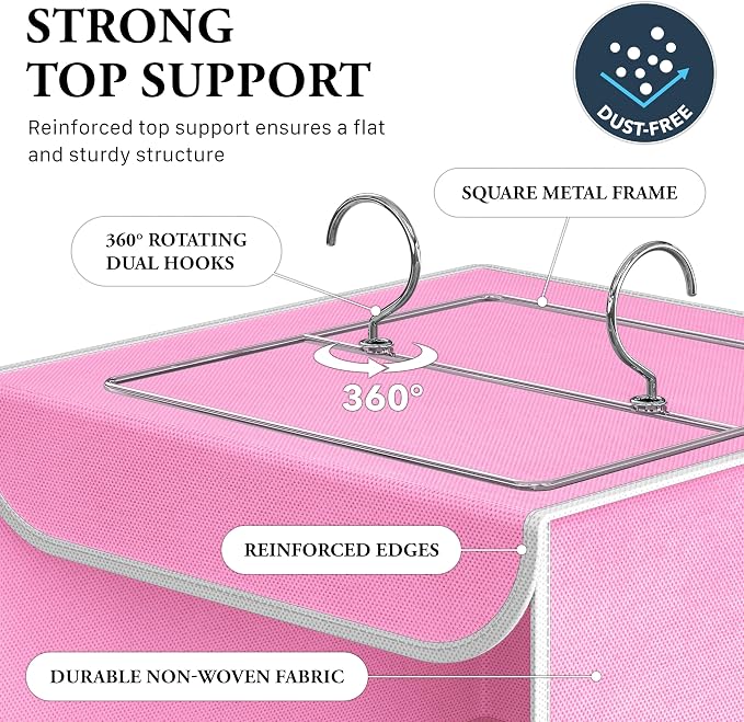 Simple Houseware 3 Shelf Hanging Closet Organizer, Pink | 360° Rotating Dual Hooks, Top Support Metal Frame