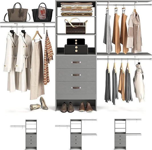 Armocity 96" Wood Closet System with 3 Enclosed Drawers & 3 Solid Shelves, 8FT Adjustable Closet Organizers and Storage, Heavy Duty Modular Wardrobe for Reach-In & Walk-In, 1000 LBS Load, Grey