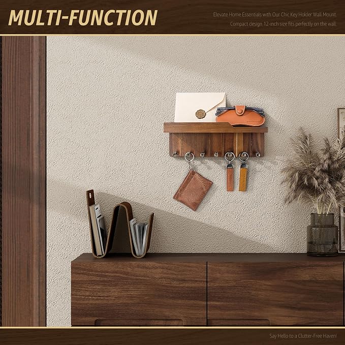 Rebee Vision Acacia Wood Key Holder Wall Mount for Home Decor, Brown | Decorative Mail Organizer, 7 Key Hooks, Mail Sorter , Wall Shelf, Rustic Room Decor, Apartment Essentials, Entryway Storage