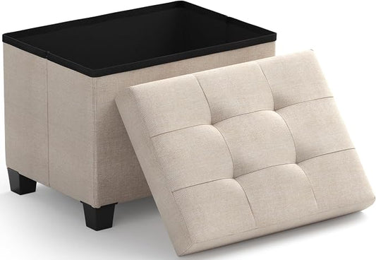 Ornavo Home Small Rectangle Storage Ottoman with Legs, 12x16x12, Beige | Foot Rest Stool Seat; Holds Up to 600 lbs; Ideal for Living Room, Bedroom, Home Office or Dorm