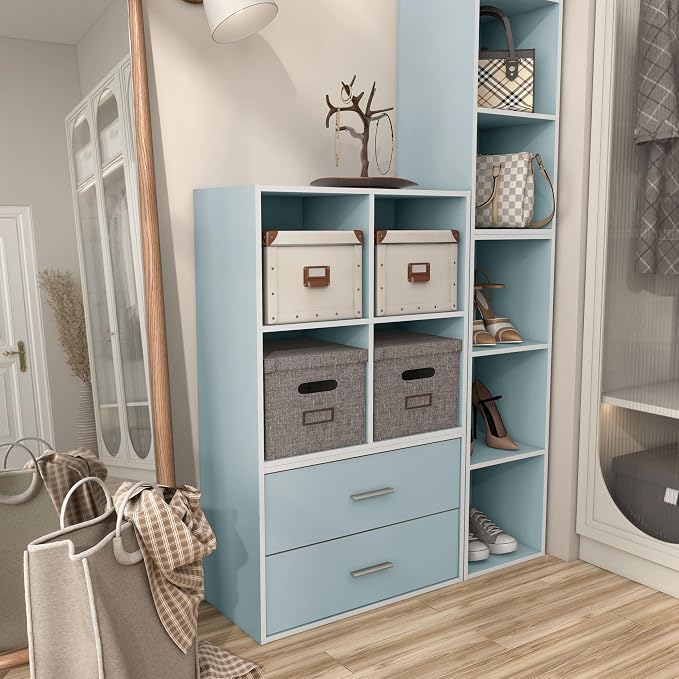 Homes: Inside + Out Apexa 4-Cube Storage Organizer Shelves, Stackable Wood Bookcase Fits Cubby Bins for Organization, Dorm Teen Room Decor & Home Office, Light Blue