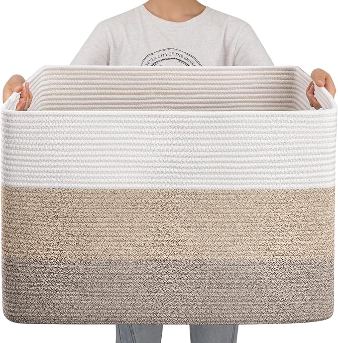 OIAHOMY 108L Super Large Blanket Basket, 25”x16”x16”(108L) Rectangle Woven Baskets for Storage, Cotton Rope Basket For Living Room, Toy Storage with Handle- Gradient Brown