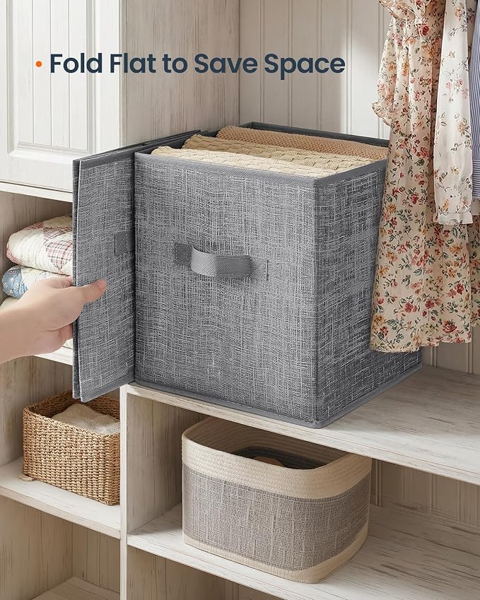 SONGMICS HOME Foldable Storage Cubes Set of 8, Fabric Shelf Organizer Bins with Handles, Closet Storage Boxes for Clothes, 10.4 x 10.4 x 11.2 Inches, Gray