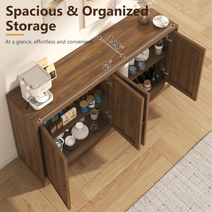 Hlivelood 63” Fluted Sideboard Buffet Cabinet with Storage, Mid Century Modern Wooden Credenza with 4 Doors & Adjustable Shelves, Beveled Edge Storage Cabinet for Kitchen, Living Room (Walnut)