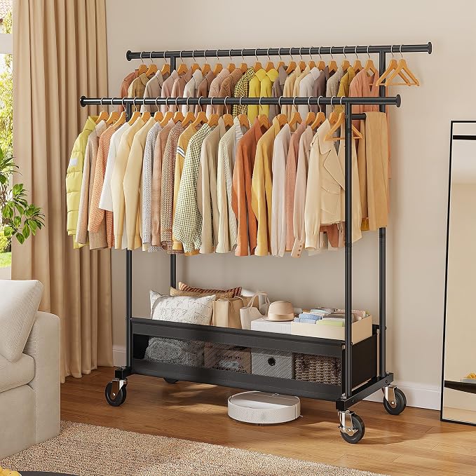 Clothes Rack 210 LBS Double Rods Extra Storage Basket | Rustproof Coated Steel, Anti-bending Design, 360° Sturdy Wheels, 10-Min Tool-Free Assembly, Metal Garment Rack for Home