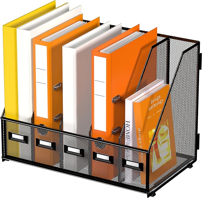 DALTACK 5-Slot Magazine File Holder, Metal Binder Holder, Black | Iron Mesh Construction, Labeled Sections for Easy Sorting, Anti-Slip Feet, Binder and Folder Storage for Office, Classroom