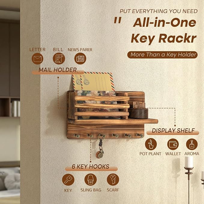 Rebee Vision Key Holder Wall Mount with Mail Slot for Entryway, Retro Brown | Key Holder for Wall, 8 Hooks for Dog Leashes, Hats Rustic Floating Shelf, Mail Sorter, New Home Essentials, Entryway Storage