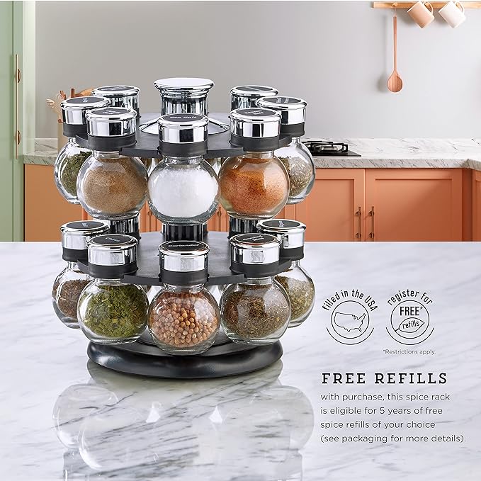 Kamenstein 16 Jar Ellington Revolving Countertop Spice Rack with Lift & Pour Caps and Spices Included, FREE Spice Refills for 5 Years: Black and Chrome
