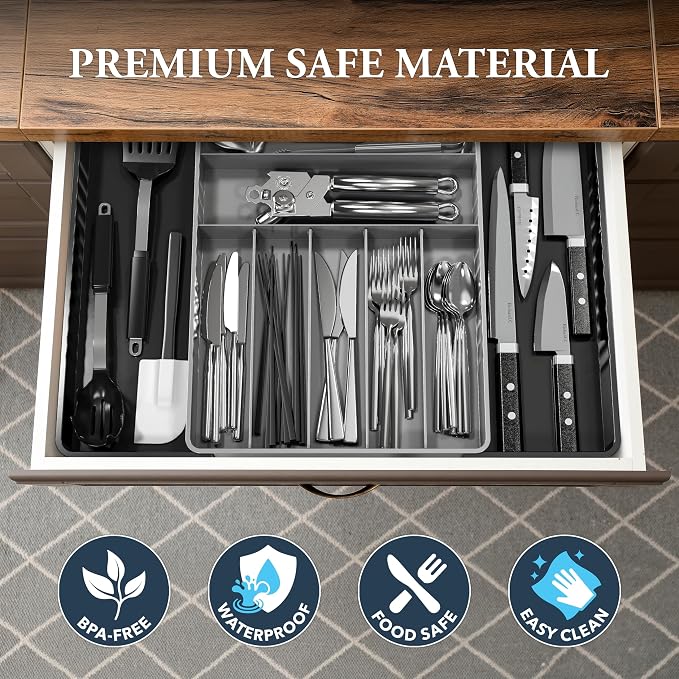 Simple Houseware Expandable Kitchen Drawer Flatware Organizer, Black/Gray | Expandable & Adjustable Cutlery Drawer Organizer - Large Utensil and Flatware Tray for Kitchen Drawers