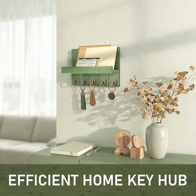 Rebee Vision Key Holder Wall Mount with Shelf for Home Decor, Green | 3.54 x 10 x 7.28 Inches, Pine Wood, Key Holder for Wall, 5 Hooks for Hats and Keys, Compact Organizer for Room Needs.