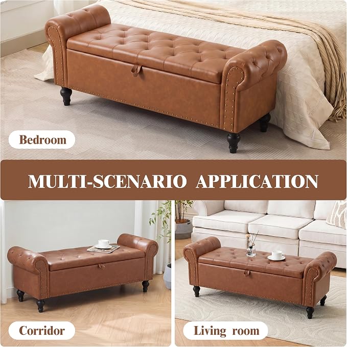 51" Storage Bench for Bedroom, Upholstered Ottoman Bench, Leather Brown | End of Bed Bench for Bedroom, Window Benches for Living Room, Entryway, Ottoman with Large Storage Space, Pet Friendly