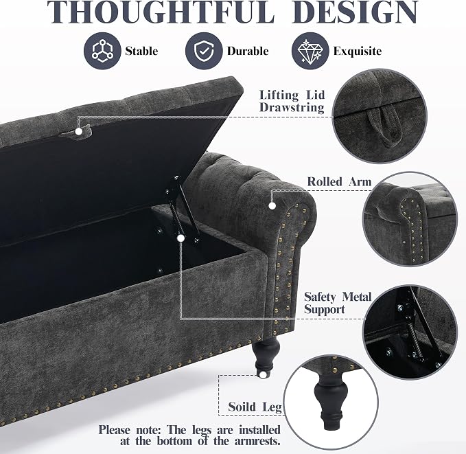 51" Storage Bench for Bedroom, Upholstered Ottoman Bench, Chenille DarkGray | End of Bed Bench for Bedroom, Window Benches for Living Room, Entryway, Ottoman with Large Storage Space, Pet Friendly