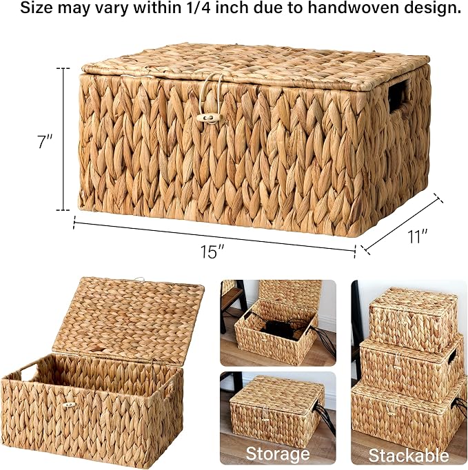 StorageWorks Large Water Hyacinth Baskets for Organizing, Wicker Basket with Lid for Shelves, Storage Basket with Lid and Built-in Handles, 1 Pack