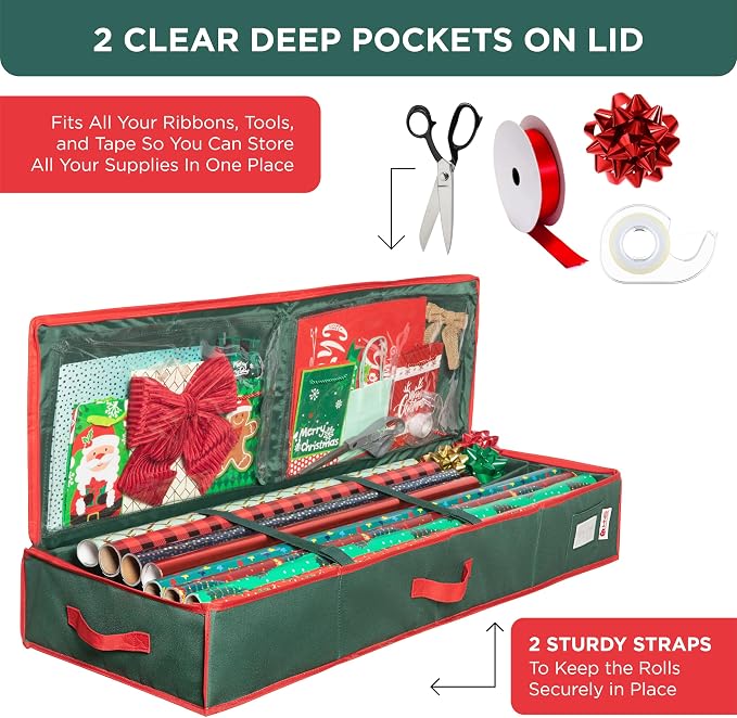 HOLDN’ STORAGE Premium Wrapping Paper Storage Container, Green | Durable 600D Tear-Proof, Fits 27 Rolls Gift Wrap, Extra Pockets for Ribbons & Bows, Underbed Storage