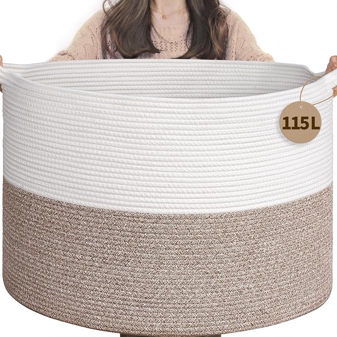 INDRESSME 115L Extra Large Woven Rope Blanket Basket Living Room, Brown | 23.6" x 15.7" Storage baskets for toys laundry & pillows. Fits living room, bedroom or nursery décor. Soft-touch with handles