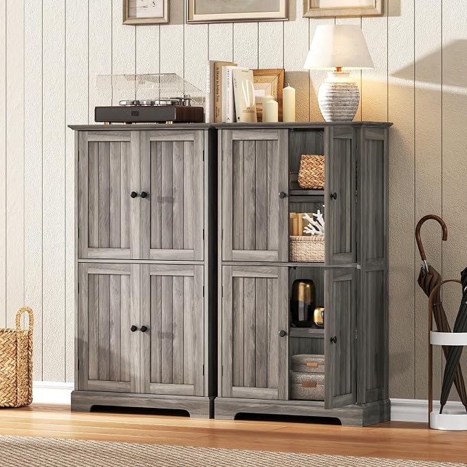 ChooChoo Bathroom Floor Cabinet with Adjustable Shelves | Bathroom Storage Cabinet, 4 Doors, Freestanding Cupboard for Living Room, Kitchen Pantry, Retro Grey