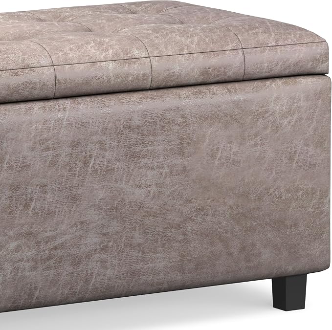 SIMPLIHOME Cosmopolitan 34" Wide Vegan Leather Storage Ottoman in Soft Blue | Distressed grey taupe, transitional storage ottoman with tufting and lift-up lid; rectangle storage bench for living room.