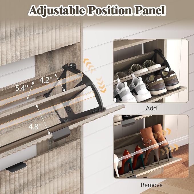 HUANLEGO Shoe Cabinet Storage for Entryway with 6 Flip Drawers, Grey | Fluted Narrow Shoe Organizer with Wooden Legs, Freestanding Entryway Shoe Storage, Hidden Shoe Rack for Front Door Entrance